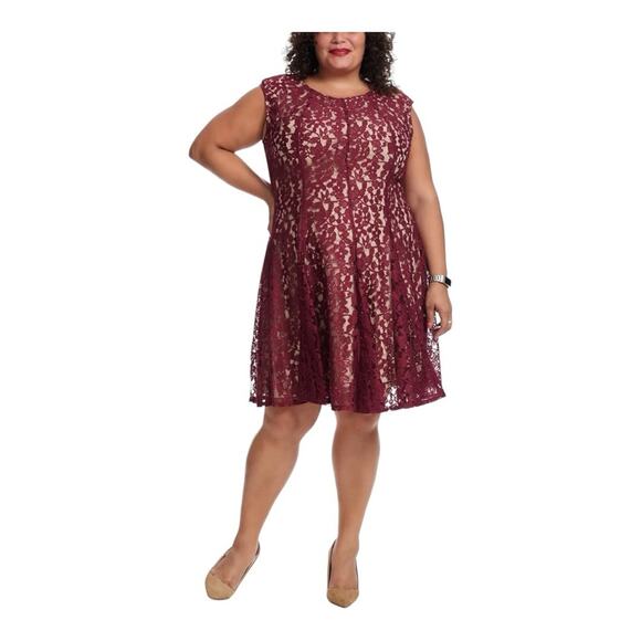 ⭐️Gabby Skye Lace Maroon Fit & Flare Sleeveless Illusion Overlay Party Dress - Picture 1 of 15